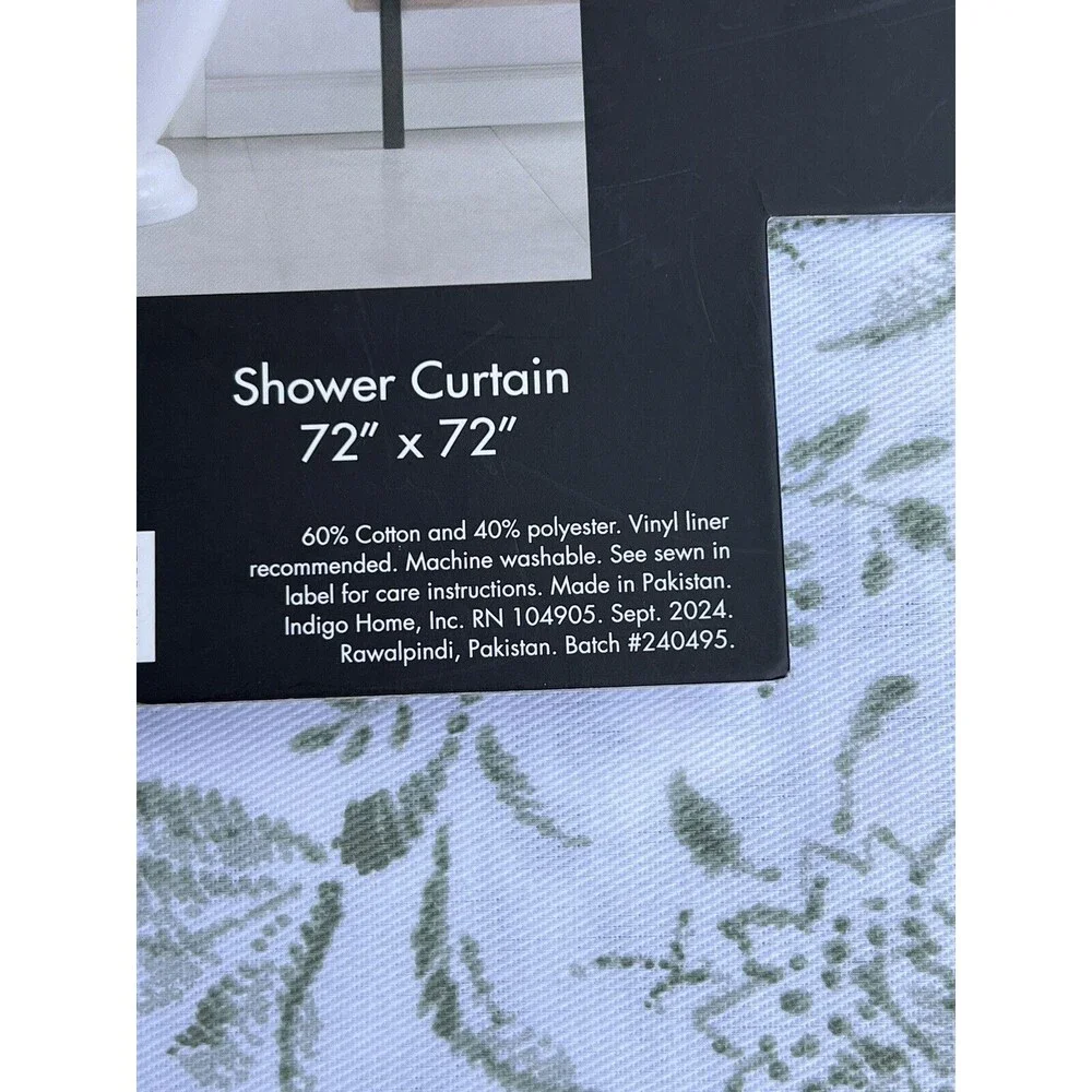 TAHARI Home Fabric Shower Curtain White & Green Floral Border Botanical New